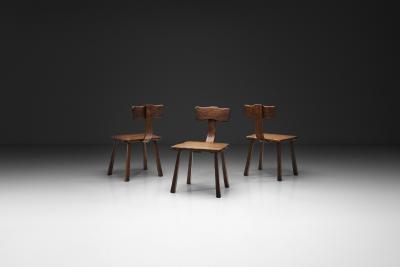 Set of Three Rare Handcrafted Wooden Chairs Europe ca 1950s