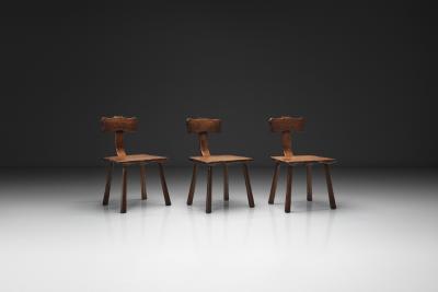 Set of Three Rare Handcrafted Wooden Chairs Europe ca 1950s