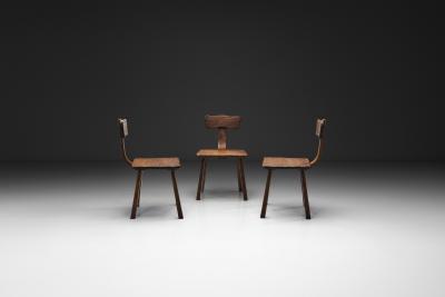 Set of Three Rare Handcrafted Wooden Chairs Europe ca 1950s