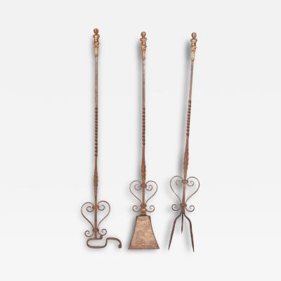 Set of Three Renaissance Style Wrought Iron and Bronze Firetools