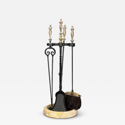 Set of Three Silvered Bronze Fire Tools and Marble Stand