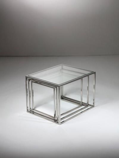 Set of Three Steel and Brass Cubic Nesting Tables Italy 1970s