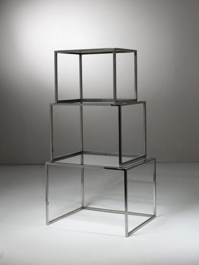Set of Three Steel and Brass Cubic Nesting Tables Italy 1970s