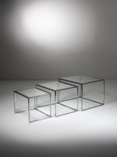 Set of Three Steel and Brass Cubic Nesting Tables Italy 1970s