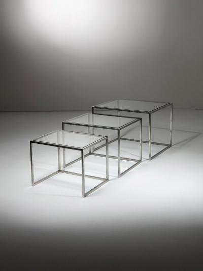 Set of Three Steel and Brass Cubic Nesting Tables Italy 1970s
