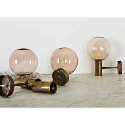 Set of Three Swedish Vintage Brass Glass Sconces