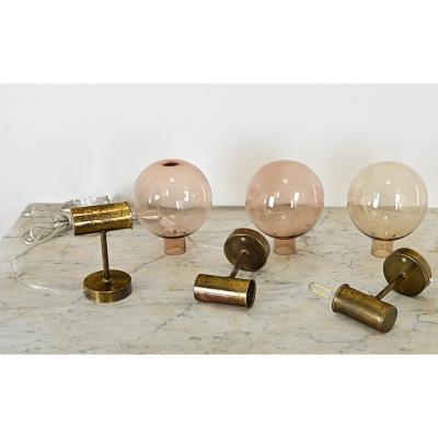Set of Three Swedish Vintage Brass Glass Sconces