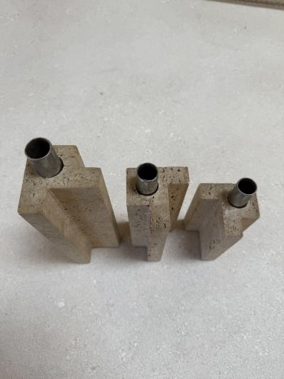 Set of Three Travertine and Chrome Candleholders by C L A M Italy 1970s