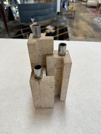 Set of Three Travertine and Chrome Candleholders by C L A M Italy 1970s