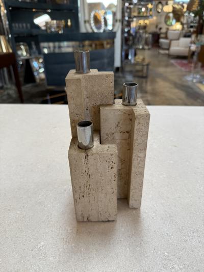 Set of Three Travertine and Chrome Candleholders by C L A M Italy 1970s