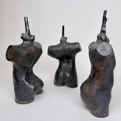 Set of Three Vintage Black Stoneware Sculptures by L L Italy 2000s