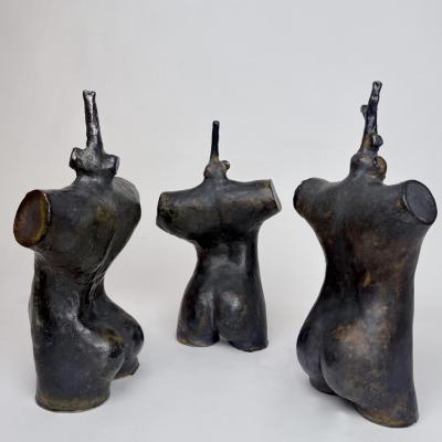 Set of Three Vintage Black Stoneware Sculptures by L L Italy 2000s