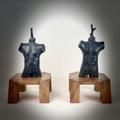Set of Three Vintage Black Stoneware Sculptures by L L Italy 2000s
