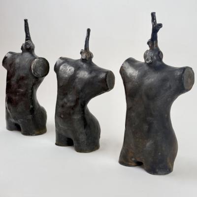 Set of Three Vintage Black Stoneware Sculptures by L L Italy 2000s