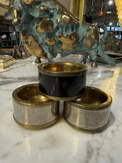 Set of Three Vintage Italian Brass and Black Lacquer Salt Cellars 1970s