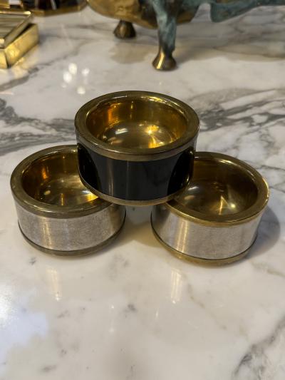 Set of Three Vintage Italian Brass and Black Lacquer Salt Cellars 1970s