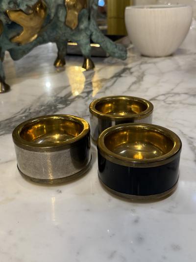 Set of Three Vintage Italian Brass and Black Lacquer Salt Cellars 1970s