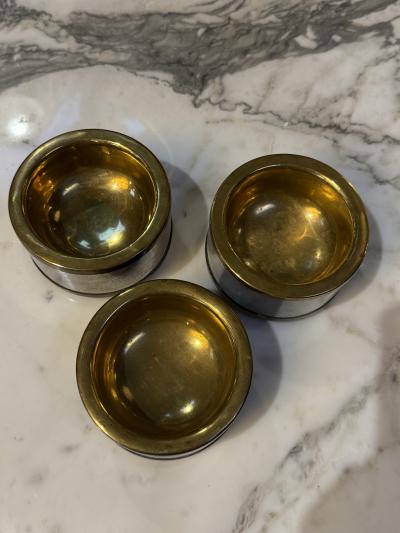 Set of Three Vintage Italian Brass and Black Lacquer Salt Cellars 1970s