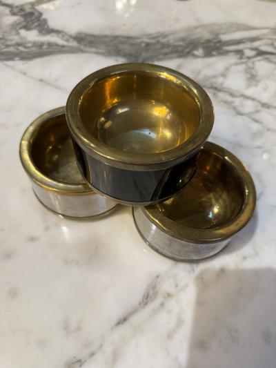 Set of Three Vintage Italian Brass and Black Lacquer Salt Cellars 1970s