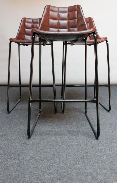 Set of Three Vintage Italian Steel and Iron Barstools with Leatherette Seats