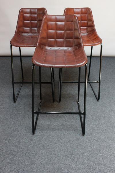 Set of Three Vintage Italian Steel and Iron Barstools with Leatherette Seats