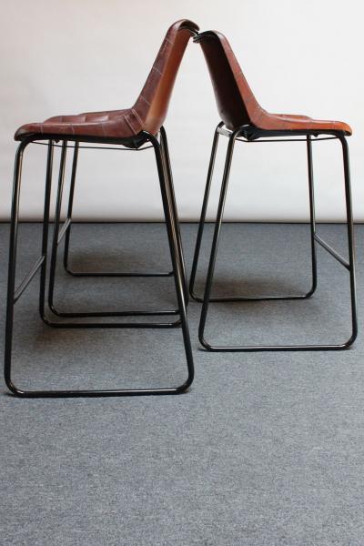 Set of Three Vintage Italian Steel and Iron Barstools with Leatherette Seats