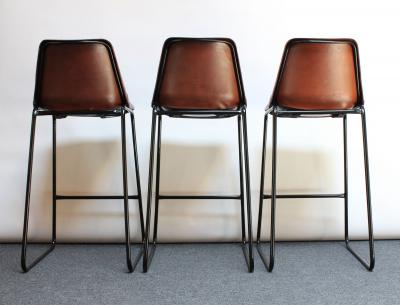 Set of Three Vintage Italian Steel and Iron Barstools with Leatherette Seats