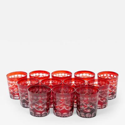 Set of Twelve 12 Antique Ruby Red Cut to Clear Rocks Glasses