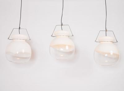 Set of Twelve Blown White and Clear Glass Pendant Lanterns Italy 1970s