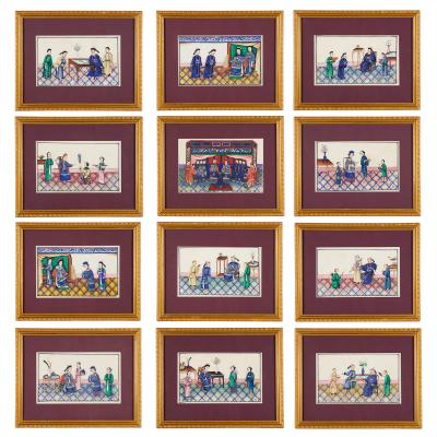 Set of Twelve Chinese Pith Paper Paintings of Court Scenes