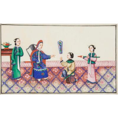 Set of Twelve Chinese Pith Paper Paintings of Court Scenes