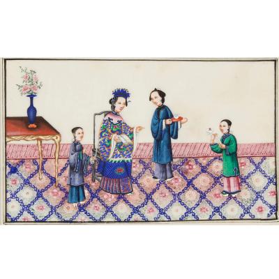 Set of Twelve Chinese Pith Paper Paintings of Court Scenes