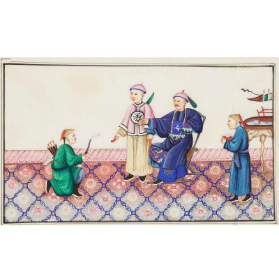 Set of Twelve Chinese Pith Paper Paintings of Court Scenes