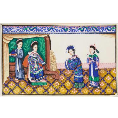 Set of Twelve Chinese Pith Paper Paintings of Court Scenes