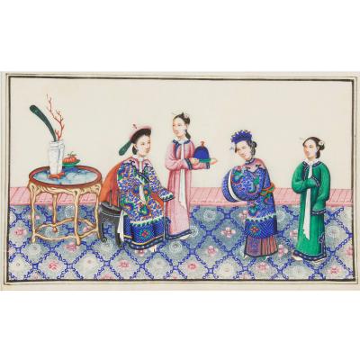 Set of Twelve Chinese Pith Paper Paintings of Court Scenes