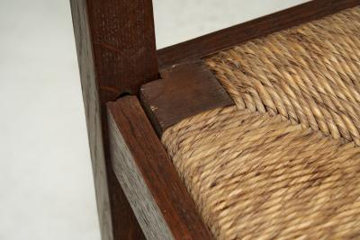 Set of Twelve Oak and Straw Dining Chairs with Geometric Backs Spain ca 1930s