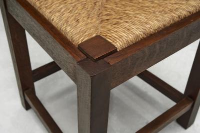 Set of Twelve Oak and Straw Dining Chairs with Geometric Backs Spain ca 1930s