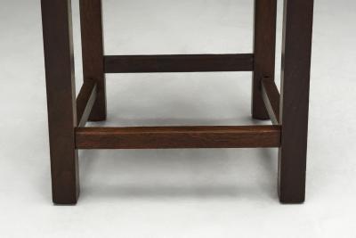 Set of Twelve Oak and Straw Dining Chairs with Geometric Backs Spain ca 1930s