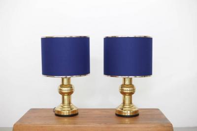 Set of Two Art Deco Style Table Lamps in Brass with Dark Blue Shades