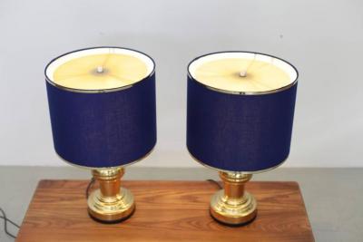 Set of Two Art Deco Style Table Lamps in Brass with Dark Blue Shades