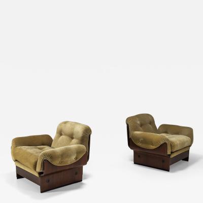 Set of Two Bulky Lounge Chairs in Wood and Velvet Upholstery Italy 1970s