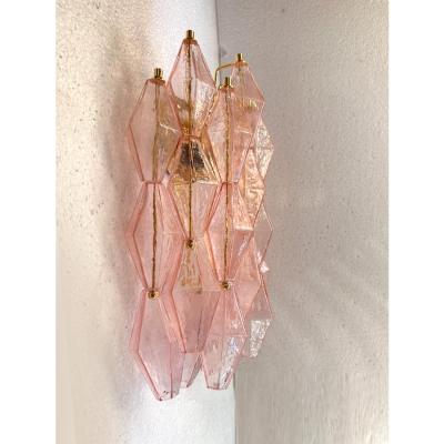 Set of Two Contemporary Pink Poliedri Murano Glass Gold 24k Wall Sconces