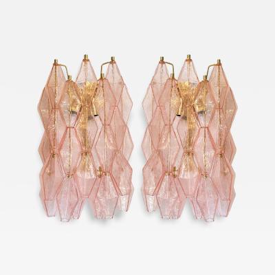 Set of Two Contemporary Pink Poliedri Murano Glass Gold 24k Wall Sconces
