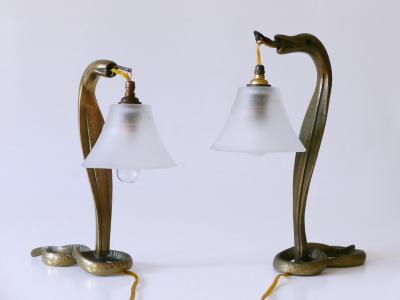 Set of Two Decorative Art Nouveau Bronze Cobra Table Lamps 1910s