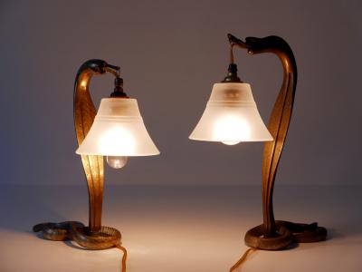Set of Two Decorative Art Nouveau Bronze Cobra Table Lamps 1910s