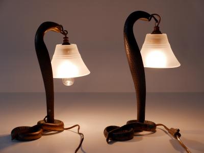 Set of Two Decorative Art Nouveau Bronze Cobra Table Lamps 1910s