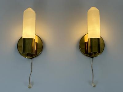 Set of Two Elegant Bauhaus Brass Opaline Glass Sconces Germany 1950s