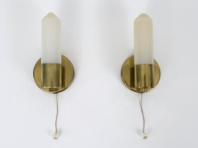 Set of Two Elegant Bauhaus Brass Opaline Glass Sconces Germany 1950s