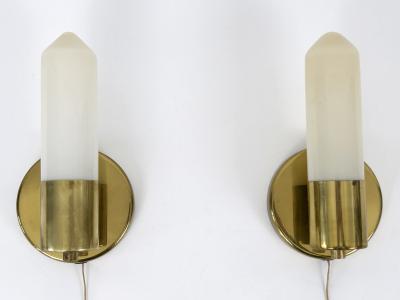 Set of Two Elegant Bauhaus Brass Opaline Glass Sconces Germany 1950s