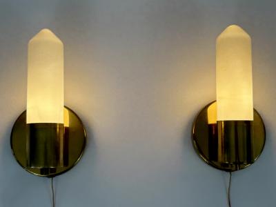 Set of Two Elegant Bauhaus Brass Opaline Glass Sconces Germany 1950s